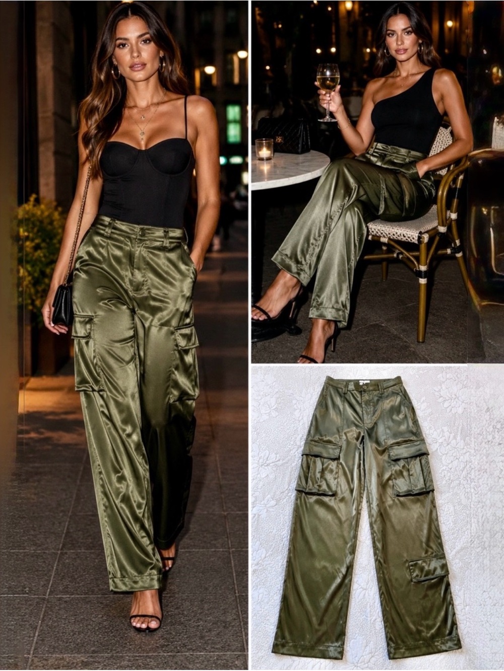 💥NWT REMIx REVOLVE Sydney Satin Cargo Pants Dark Green Utility Luxe Sz M🧡